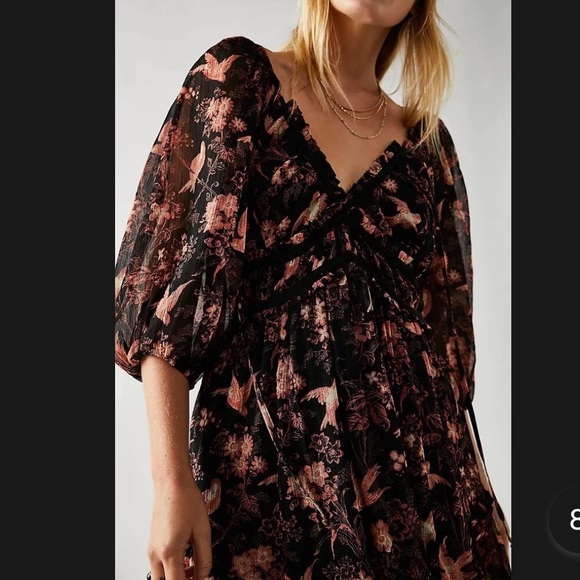 Free People You're A Jewel Maxi Dress Chiffon Black Rose Bird Print Floral Sz XS - Picture 11 of 11